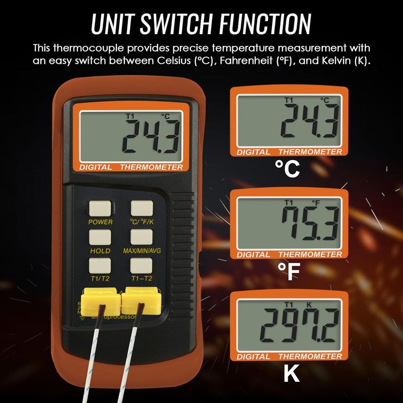 DANOPLUS K Type Thermocouple Thermometer (-50~1300°C), Dual Channels Digital Thermometer with 2 Temperature Clamp 2 Wired Thermocouple Probes, High Accuracy Temperature Kelvin Scale Meter Tester - Image 5